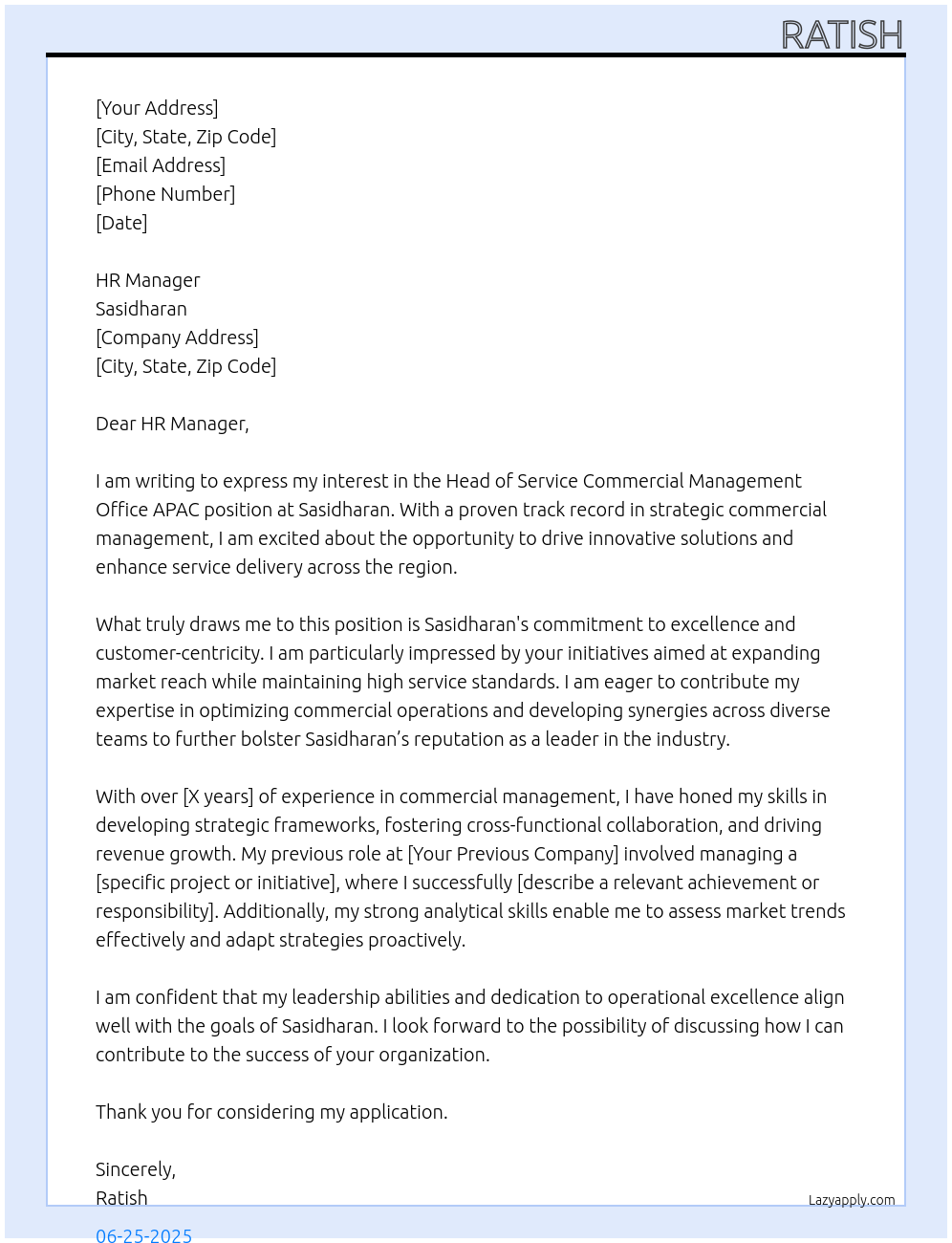 Head of Service Commercial Management Office APAC At Sasidharan Cover Letter