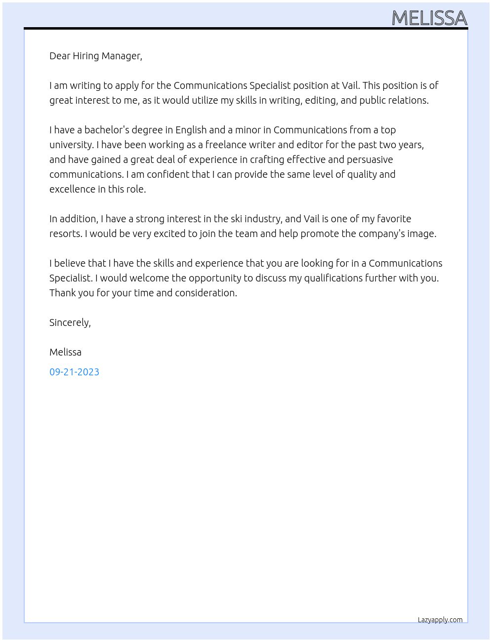 Communications Specialist At Vail Cover Letter