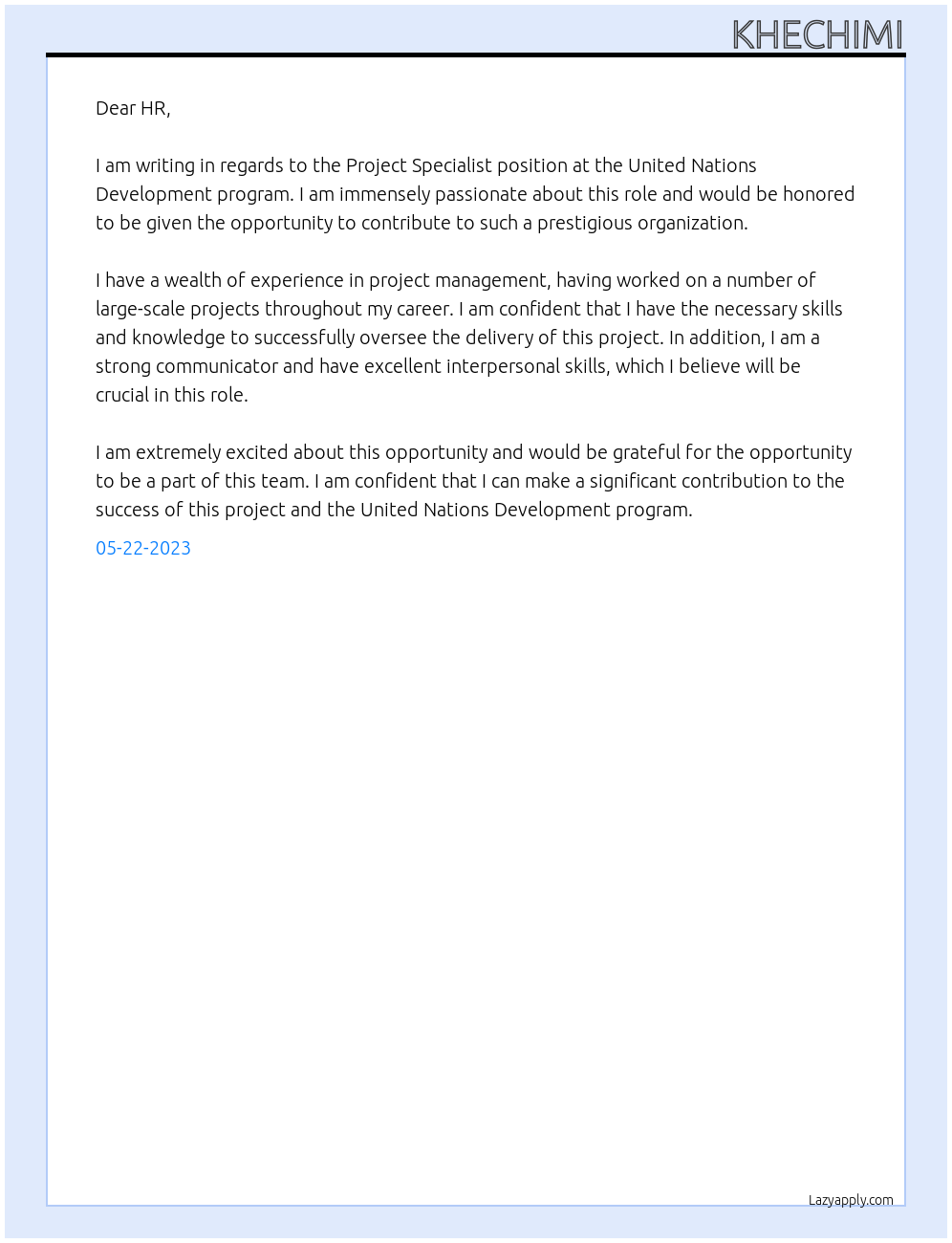 project specialist At United Nations Development program Cover Letter