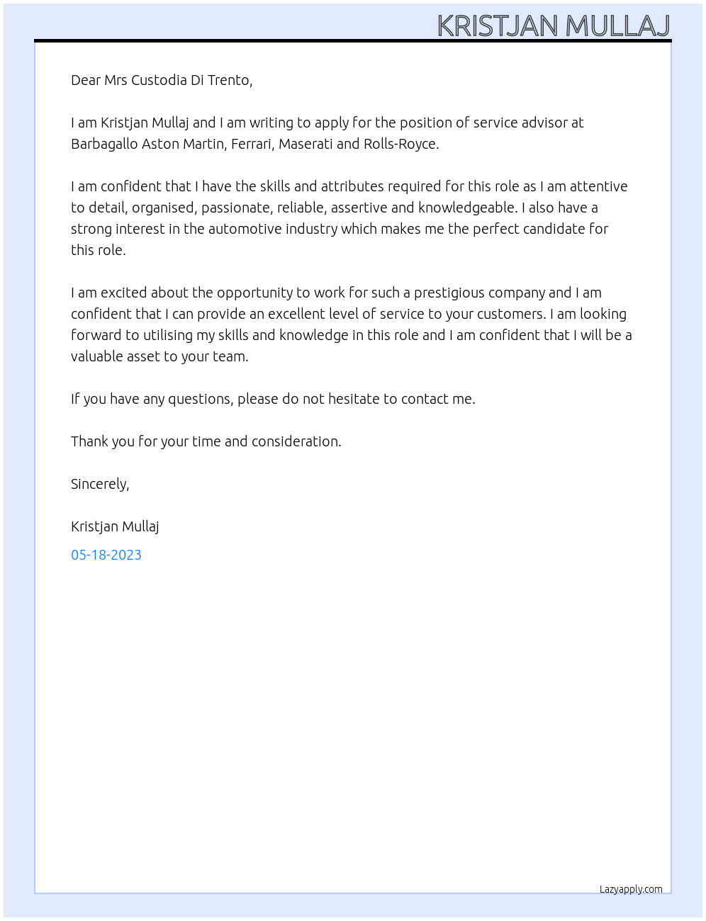 Service advisor  At Barbagallo Aston Martin, Ferrari, Maserati and Rolls-Royce Cover Letter