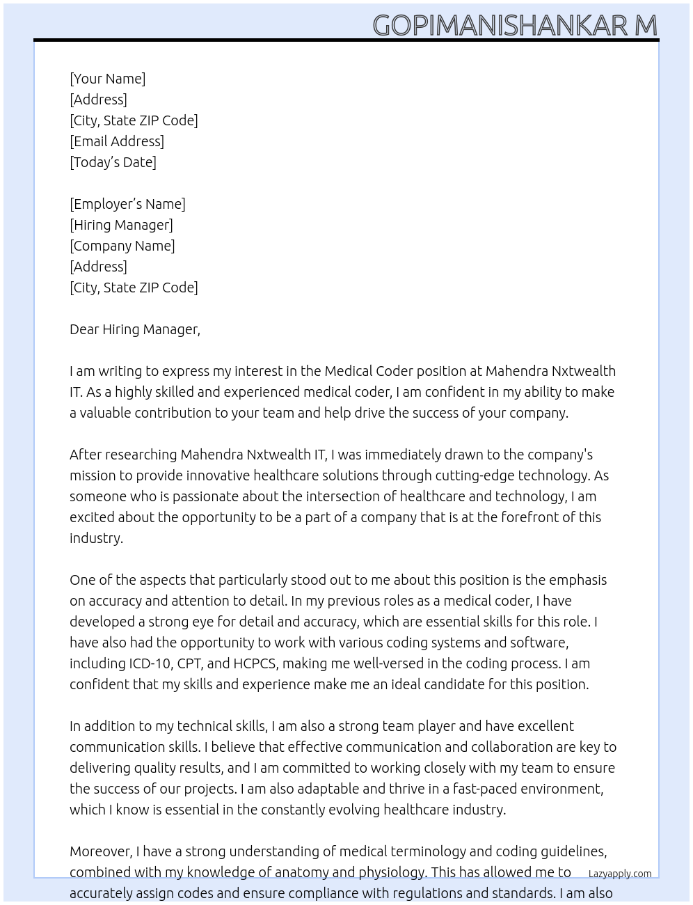Medical Coder At Mahendra Nxtwealth IT Cover Letter