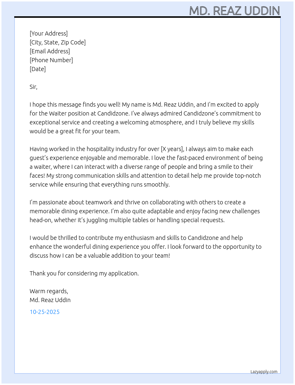 Cover letter for waiter - LazyApply