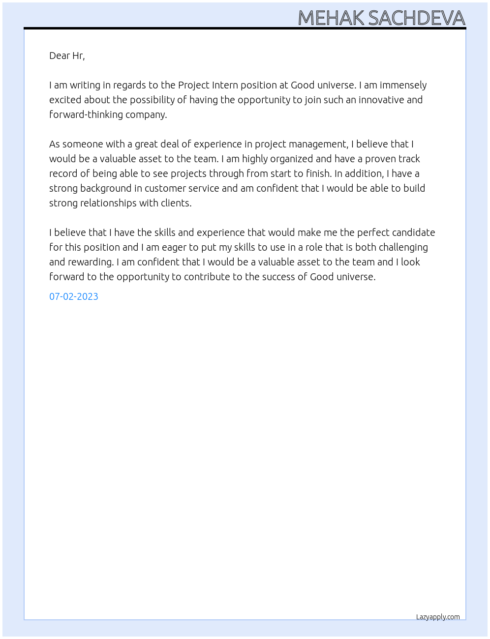 Project Intern At Good universe Cover Letter