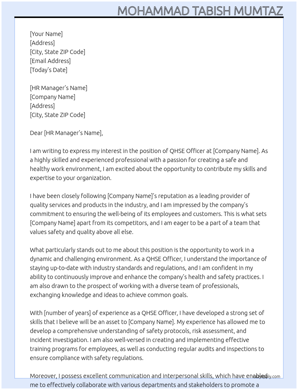 QHSE Officer At HSE Cover Letter