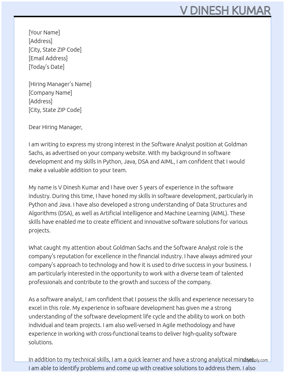 Software Analyst At Goldman Sachs Cover Letter