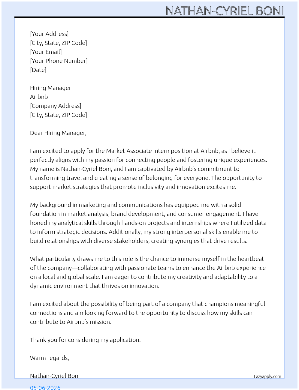 Market Associate Intern At Airbnb Cover Letter