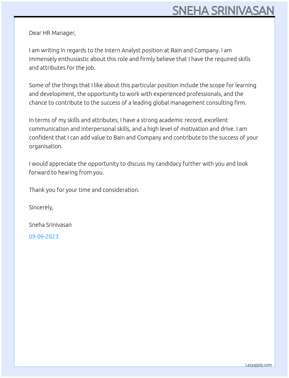 Intern Analyst At Bain and Company Cover Letter