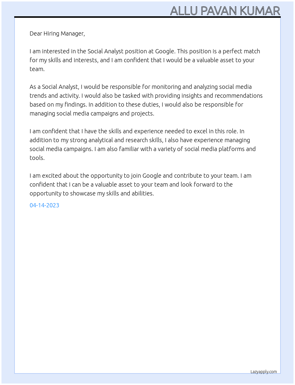 soc analyst At google Cover Letter