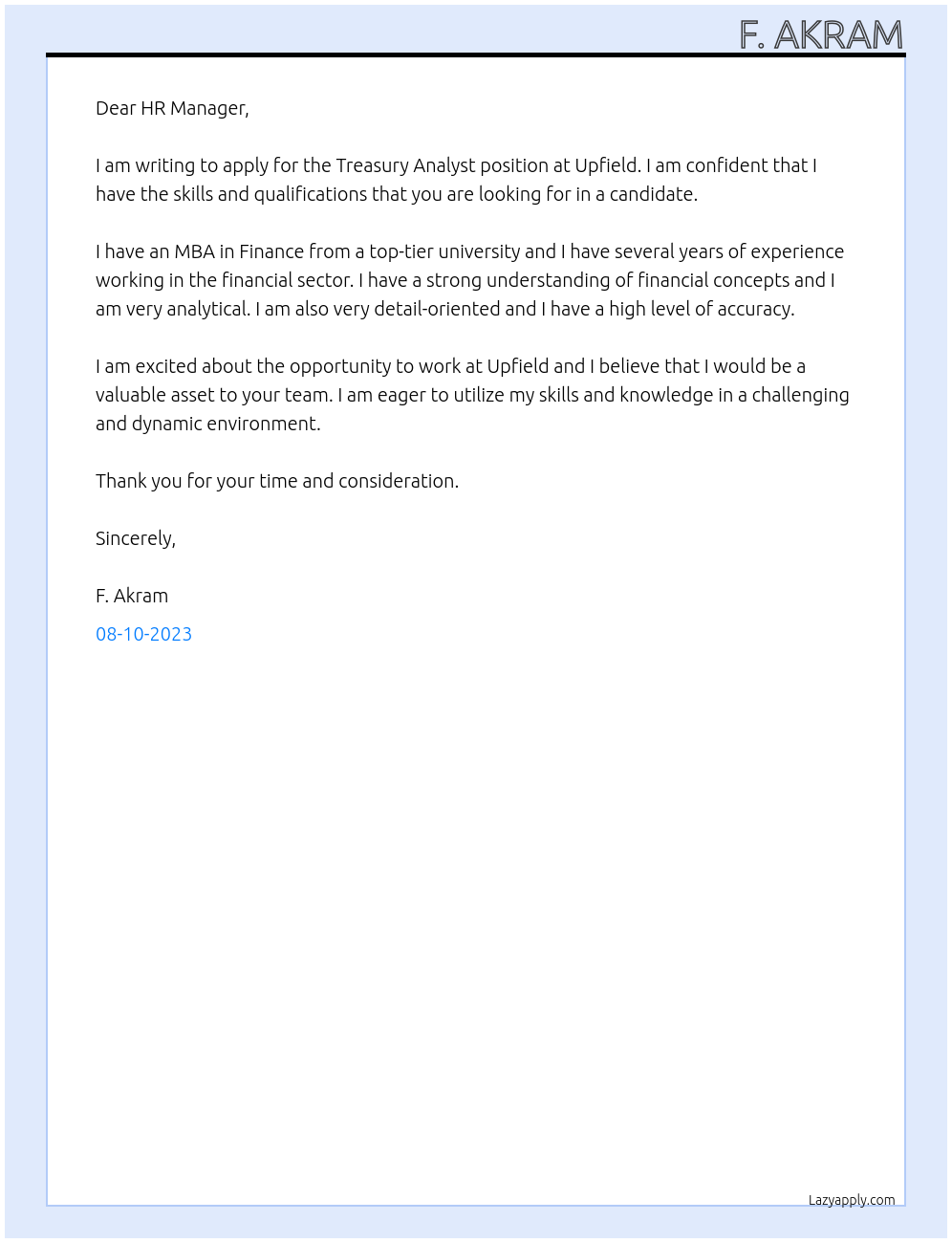 Treasury analyst At Upfield Cover Letter