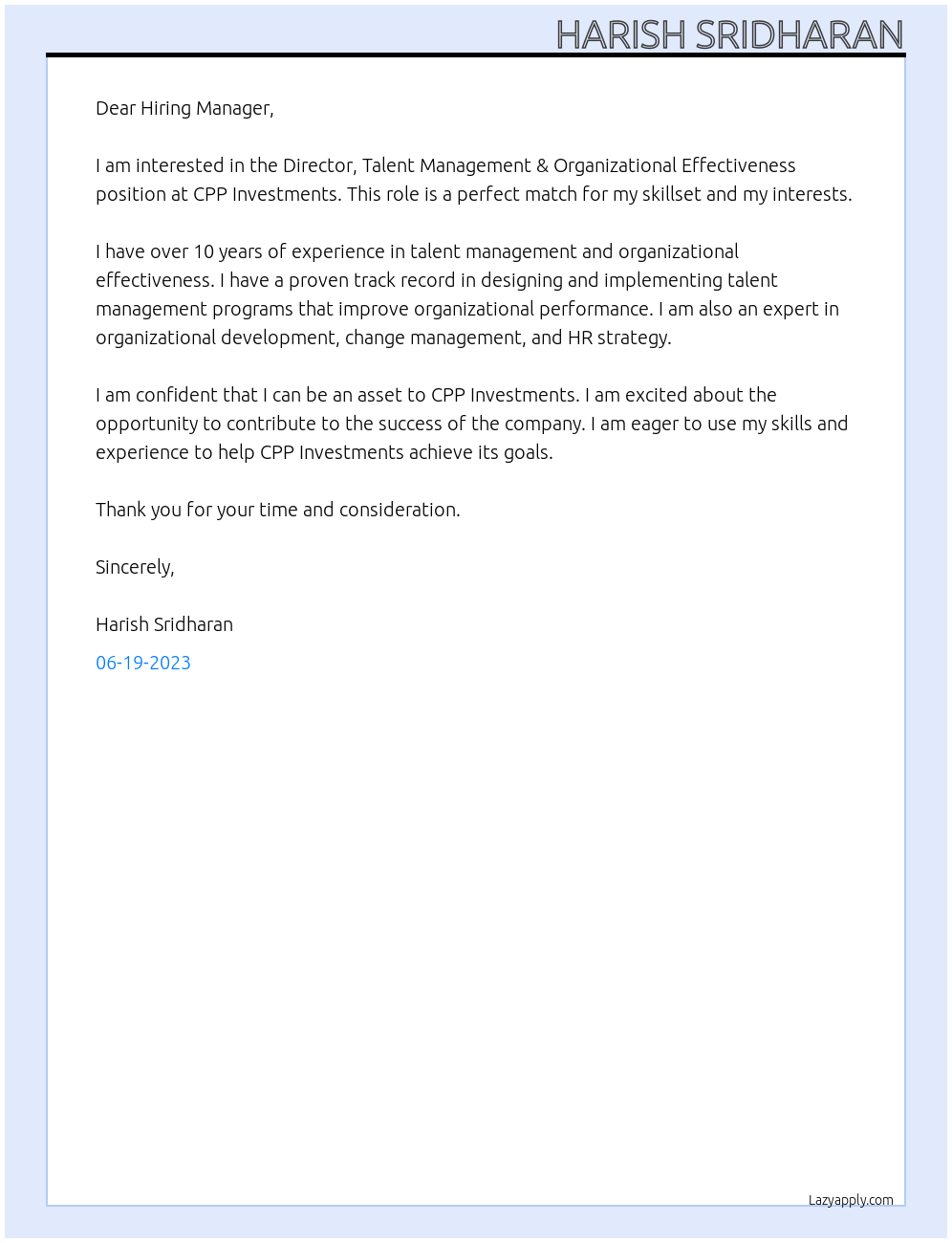 Director, Talent Management & Organizational Effectiveness At CPP Investments Cover Letter