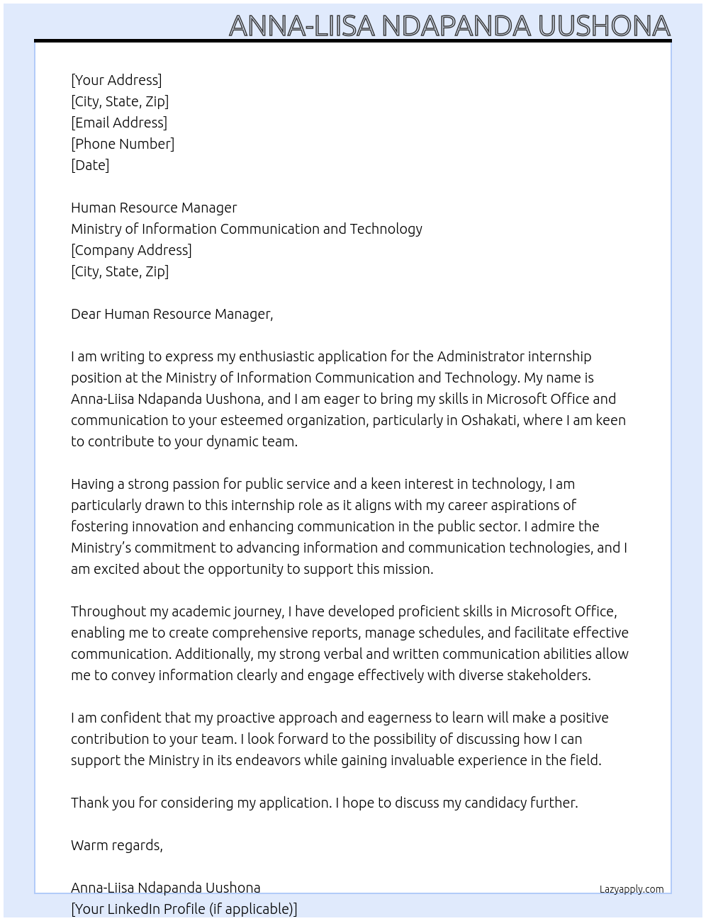 Administrator  At Ministry of Information Communication and Technology  Cover Letter