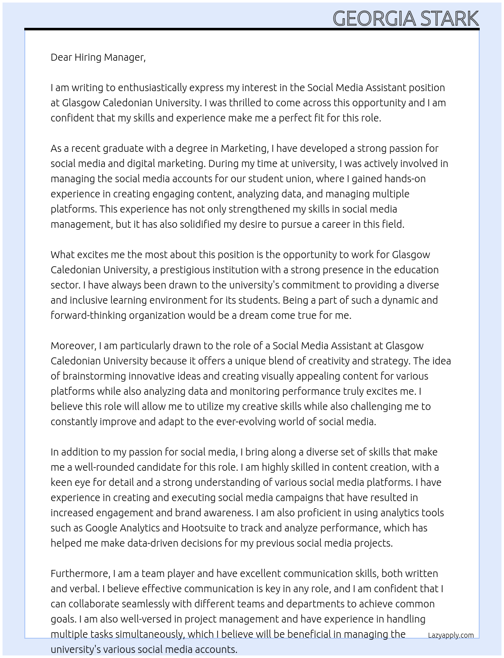 Social Media Assistant At Glasgow Caledonian University Cover Letter