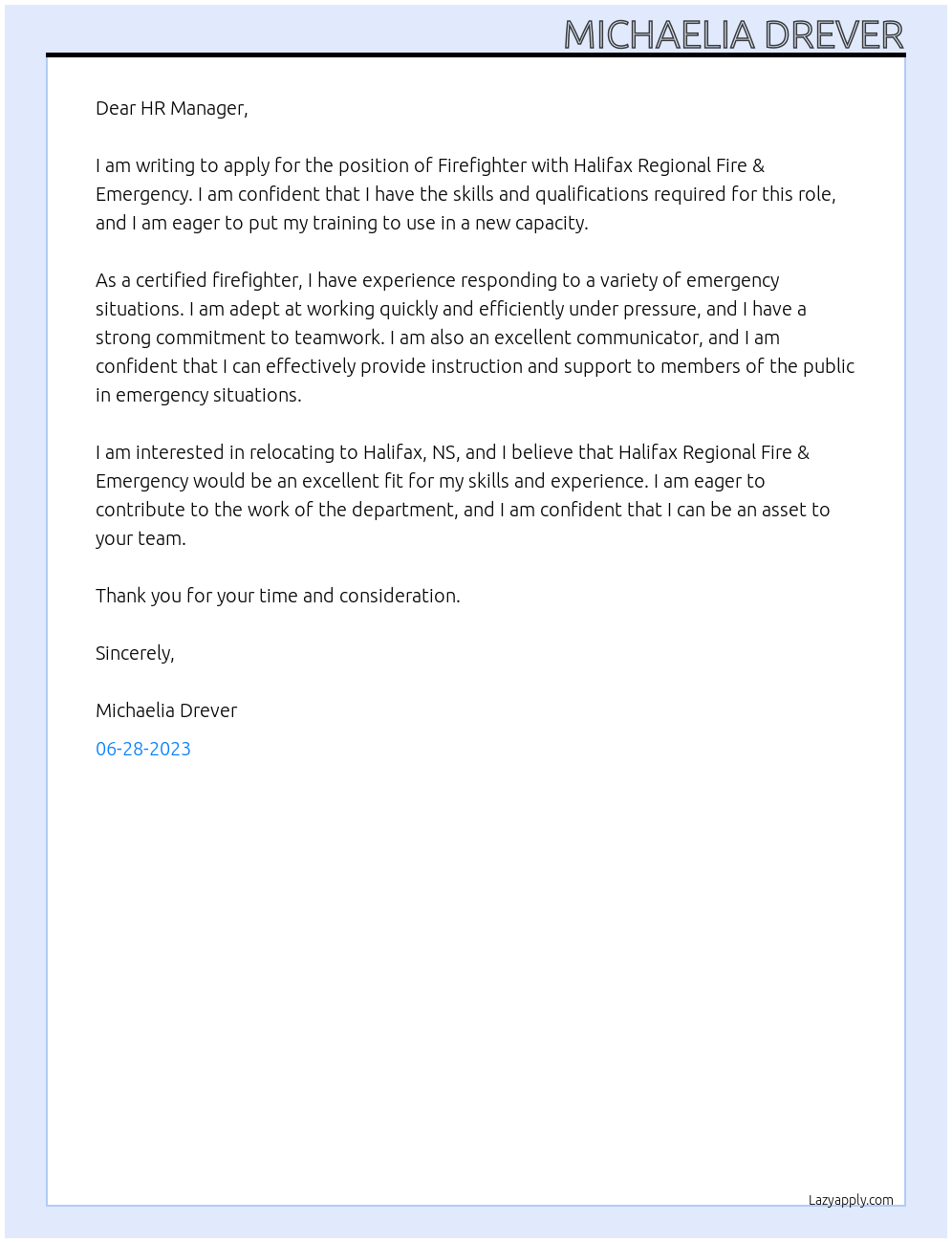 Firefighter At Halifax Regional Fire & Emergency Cover Letter