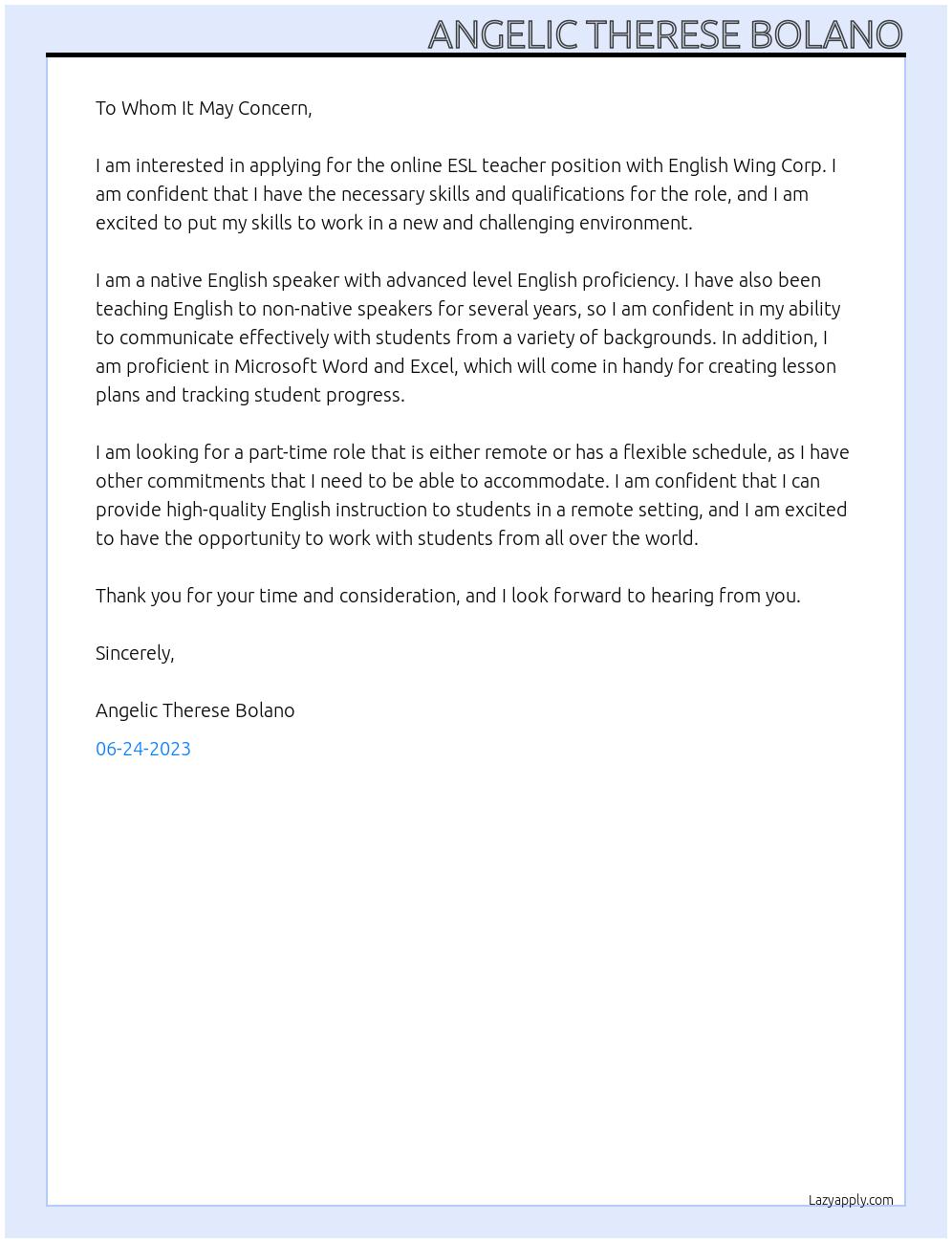 online esl teacher At English Wing Corp. Cover Letter