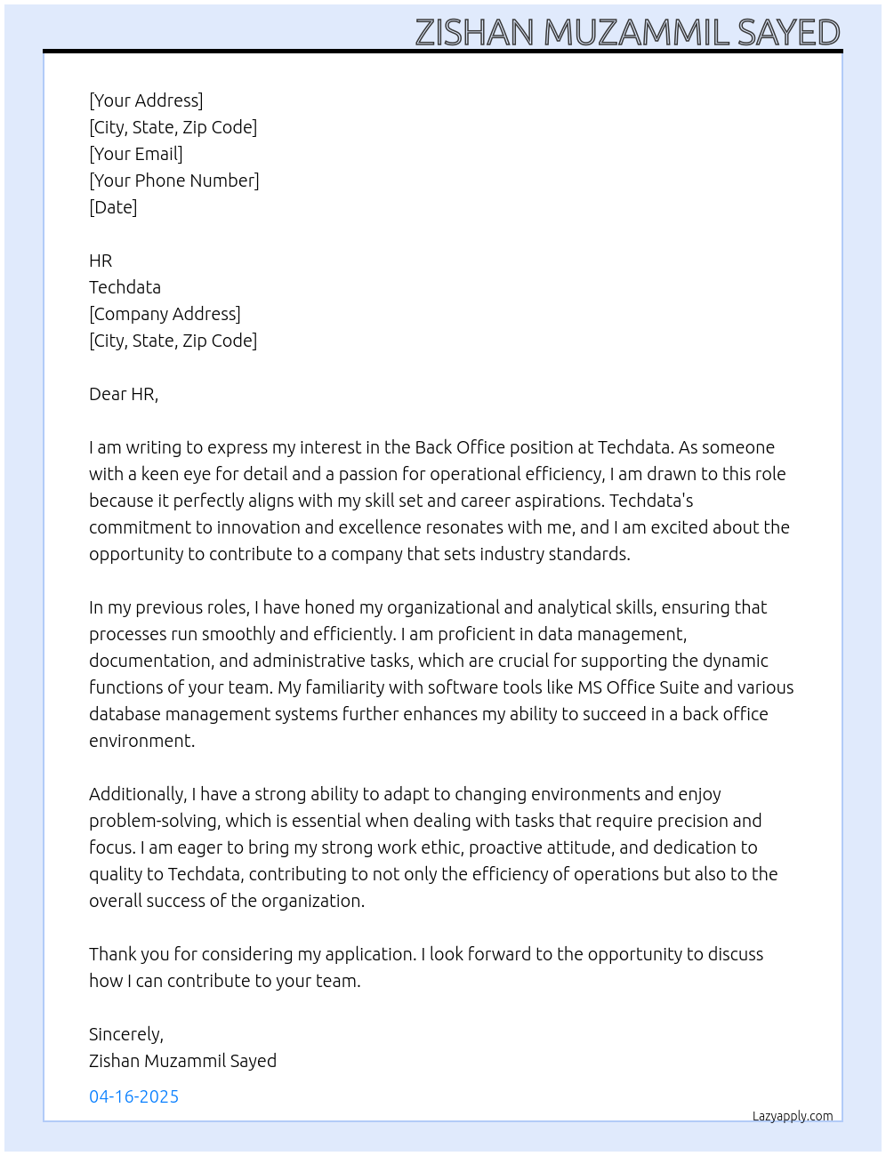 Back office At Techdata Cover Letter