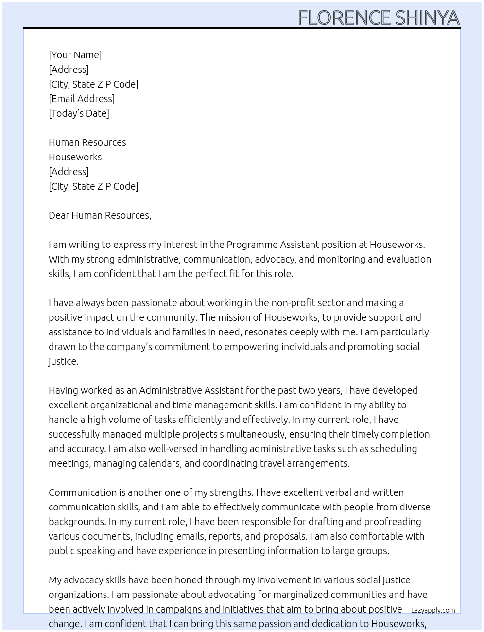 Programme Assistant At Houseworks Cover Letter