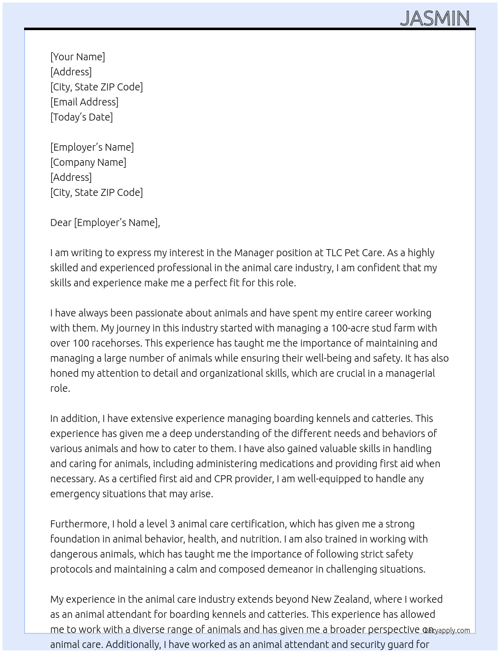 Manger At TLC Pet Care  Cover Letter