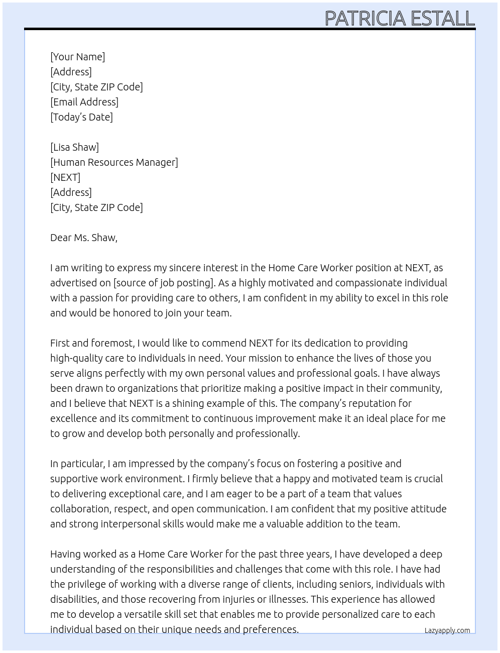 Home Care Worker At NEXT Cover Letter