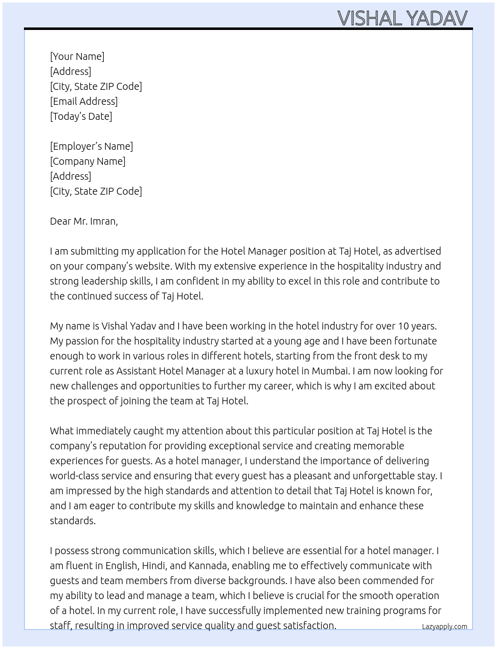Hotel manager At Taj Hotel Cover Letter