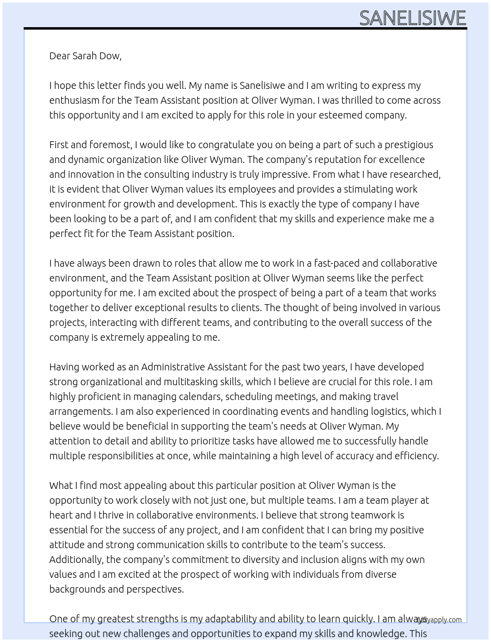 Team assistant At Oliver Wyman Cover Letter