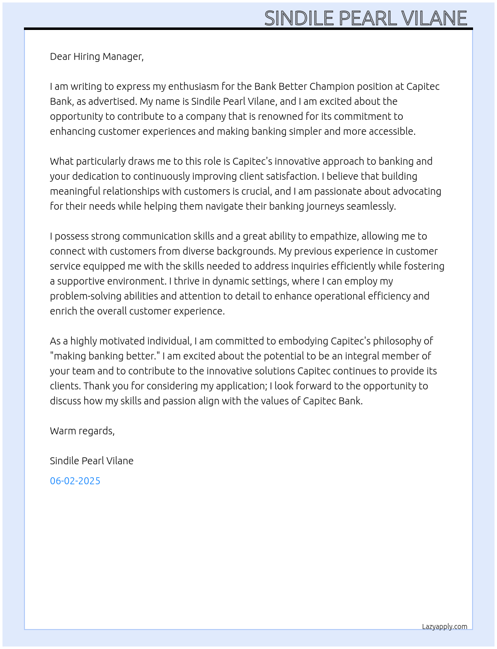 Bank Better Champion  At Capitec Bank  Cover Letter