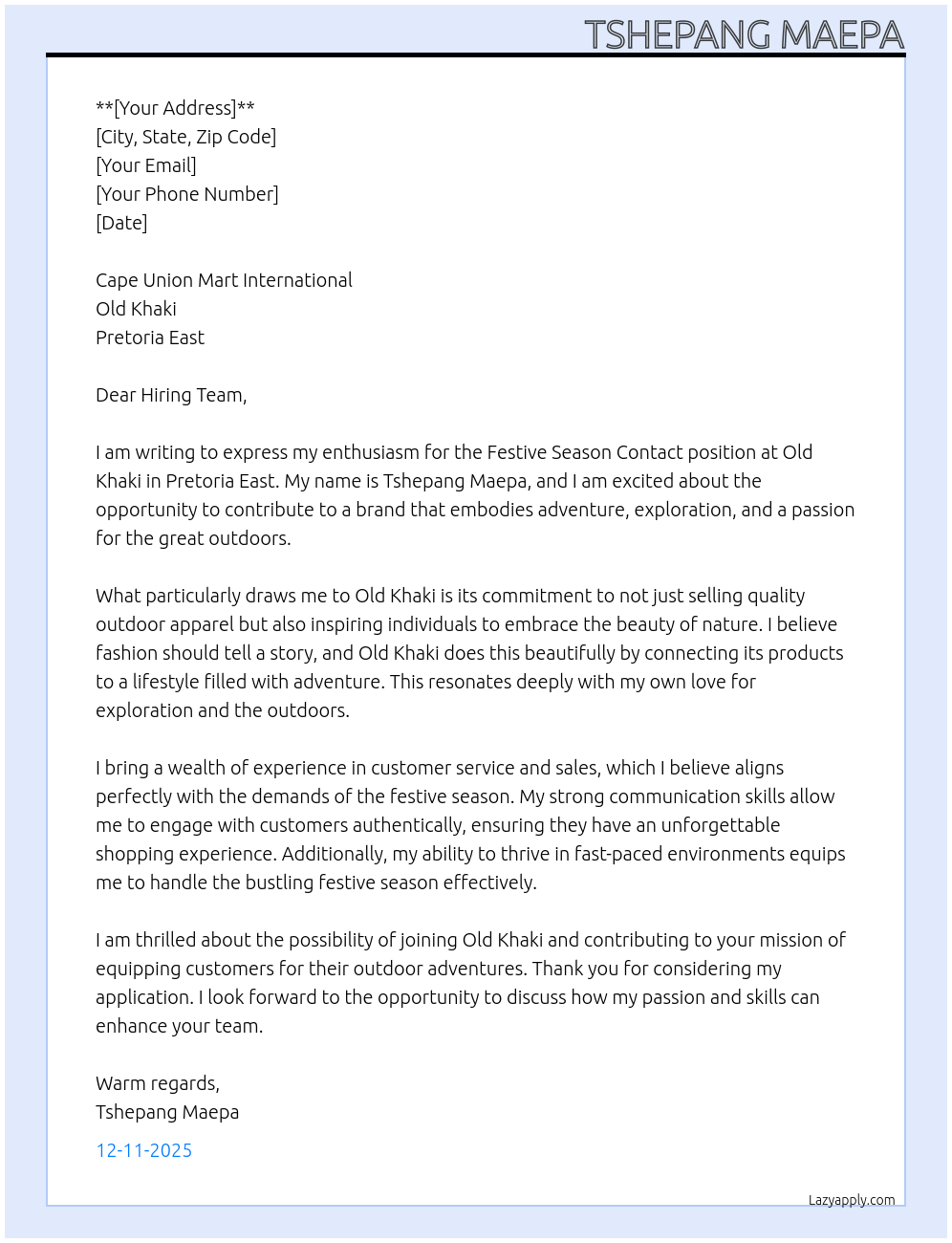 Festive season contact - Old Khaki - Pretoria East At Old Khaki Cover Letter