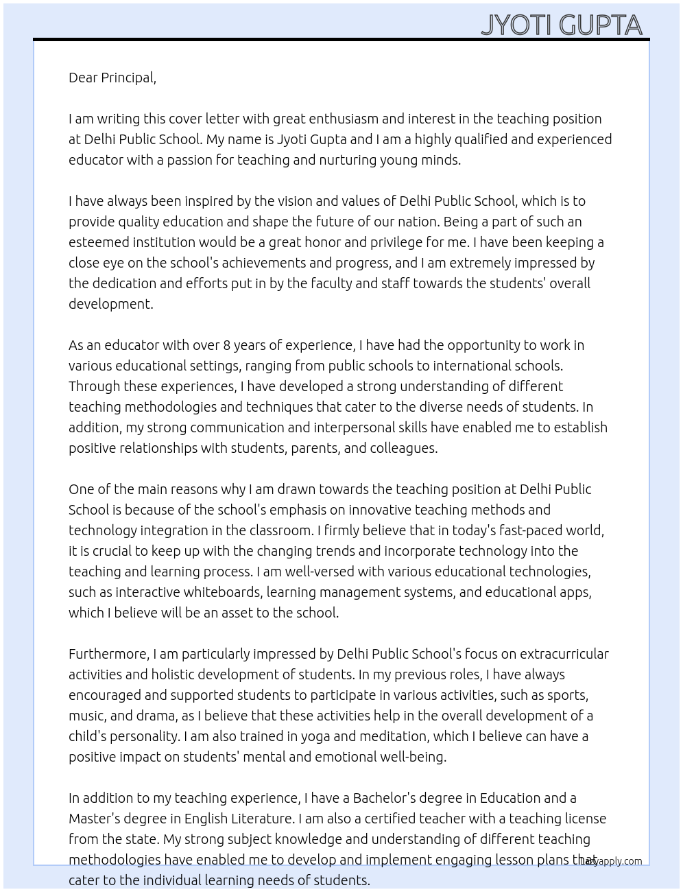 Teaching At Delhi public school Cover Letter