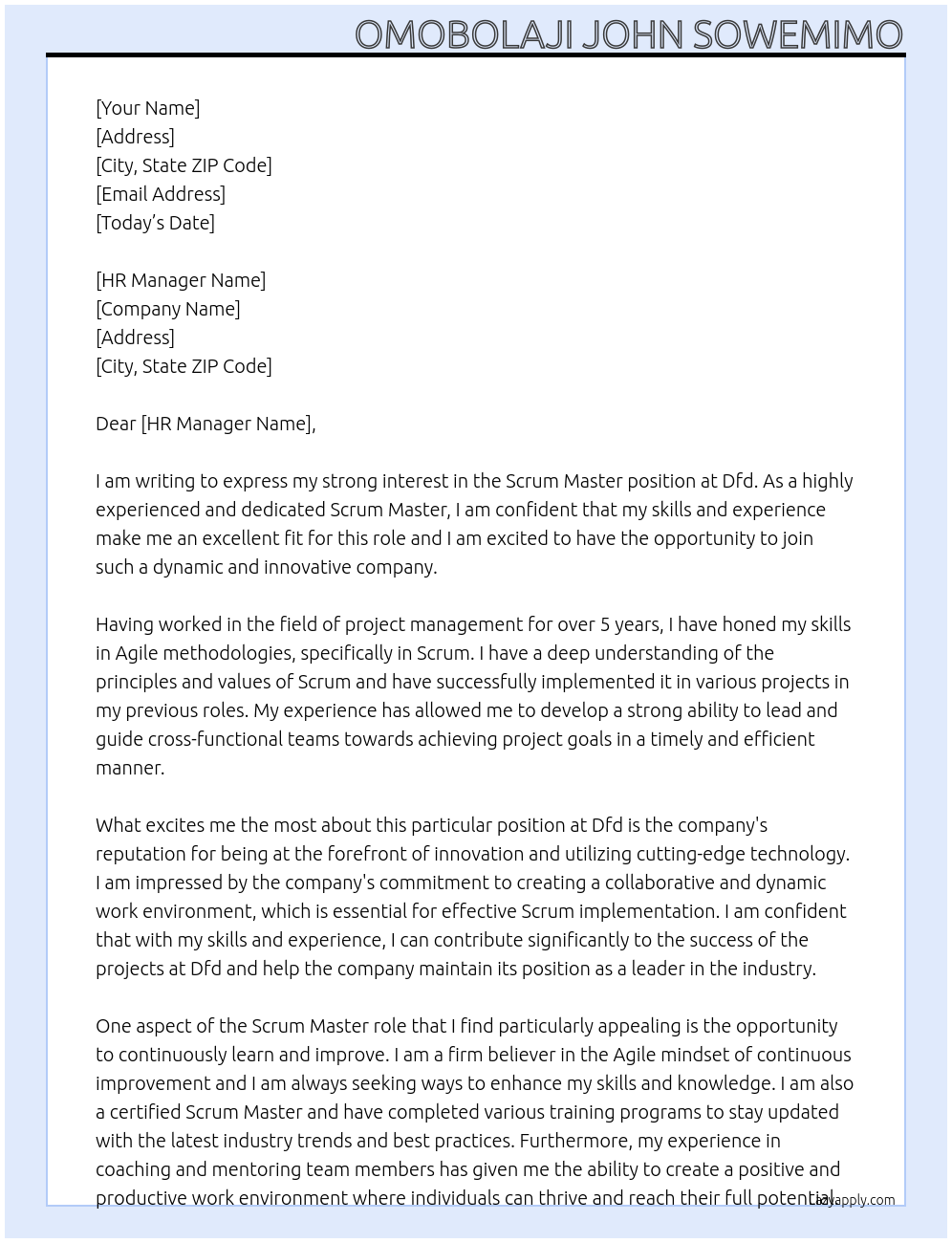 Scrum Master At Dfd Cover Letter