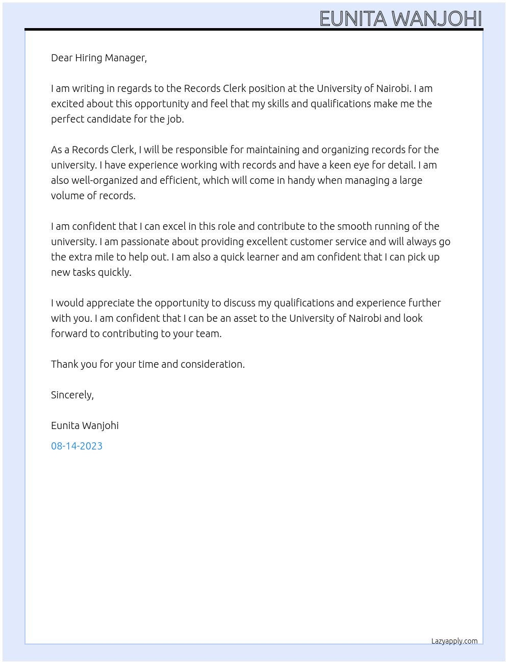 Records Clerk At University of Nairobi Cover Letter