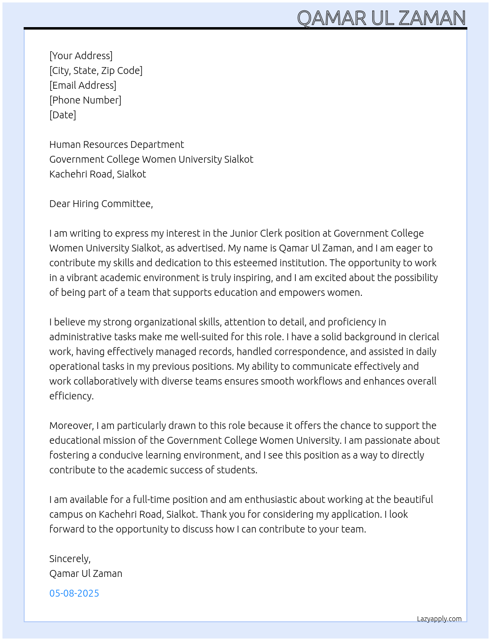 Junior Clerk At Government Cover Letter