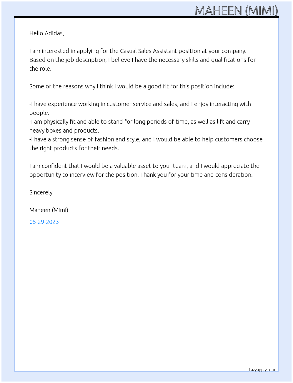 Casual Sales Assistant At Adidas Cover Letter