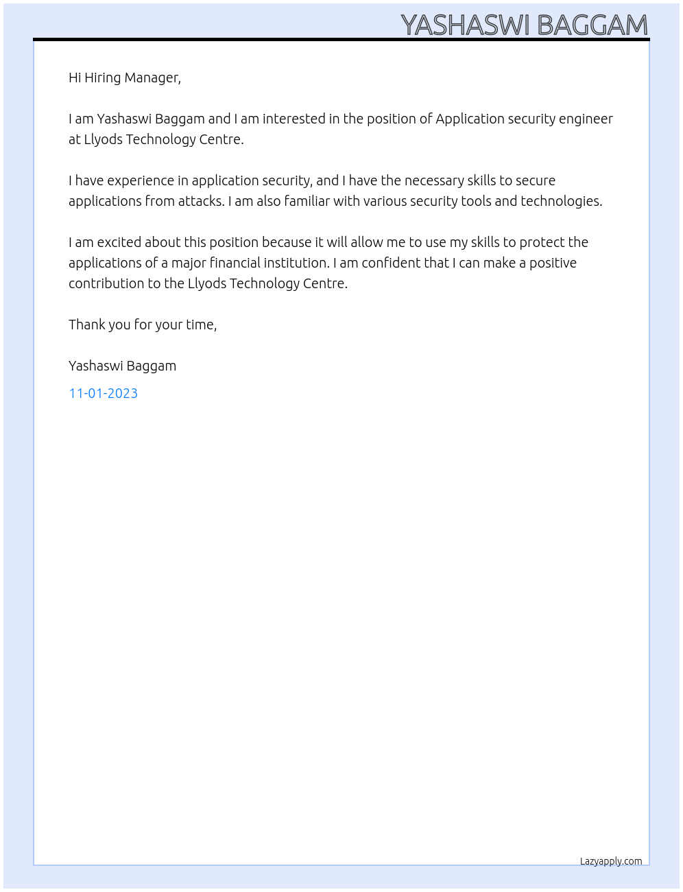 Application security engineer  At Llyods Technology Centre Cover Letter