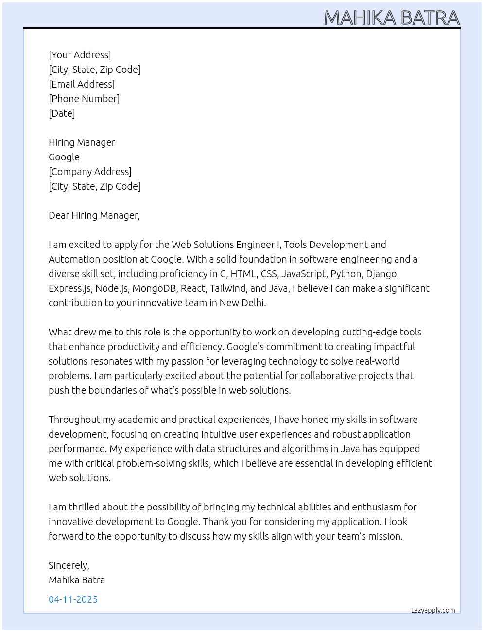 Cover letter for web solutions engineer i, tools development and automation - LazyApply