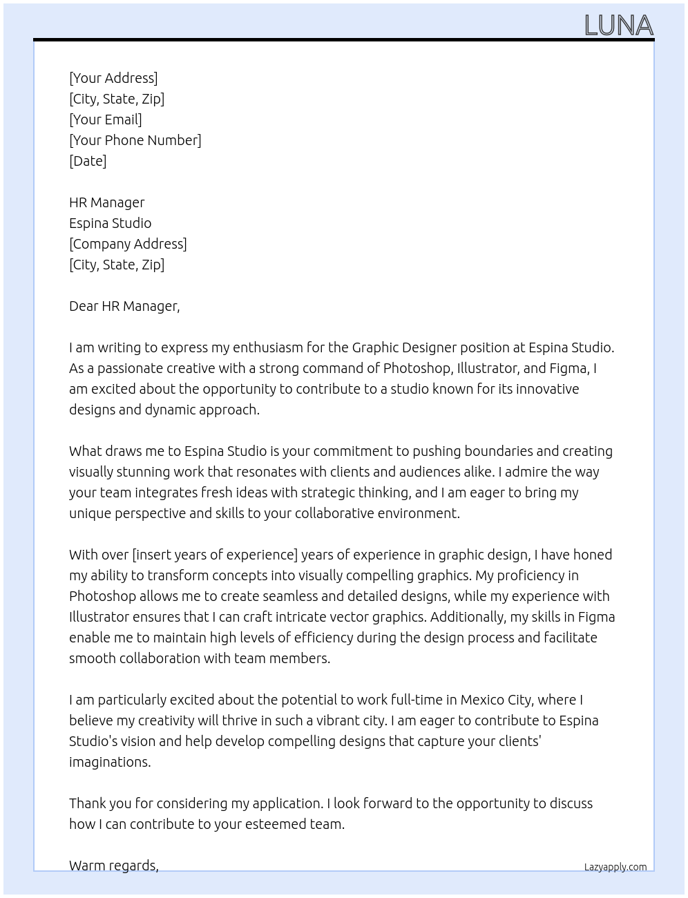 Graphic Designer At Espina Studio Cover Letter