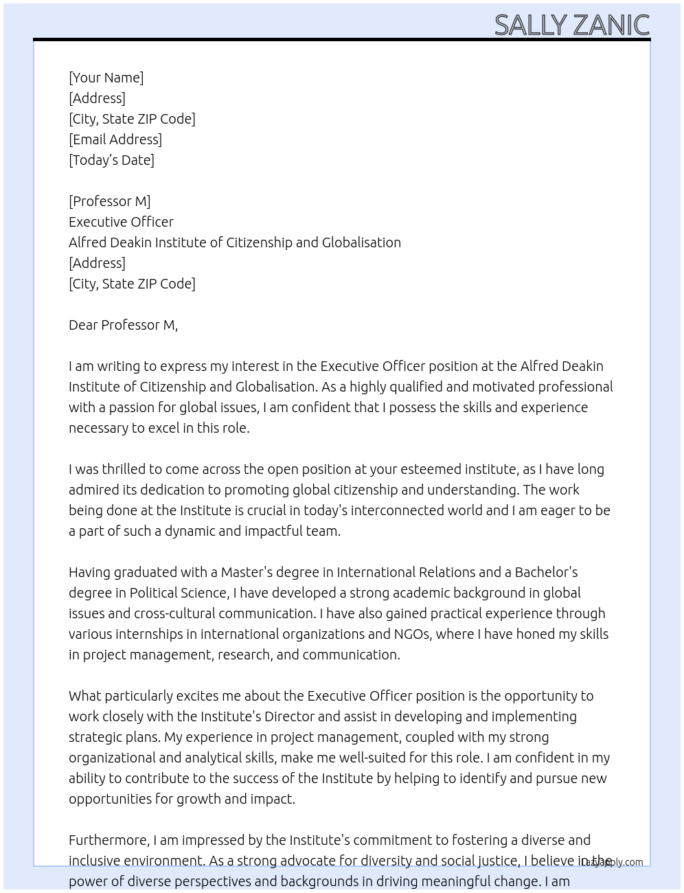 Executive Officer At Alfred Deakin Institute of Citizenship and Globalistion Cover Letter