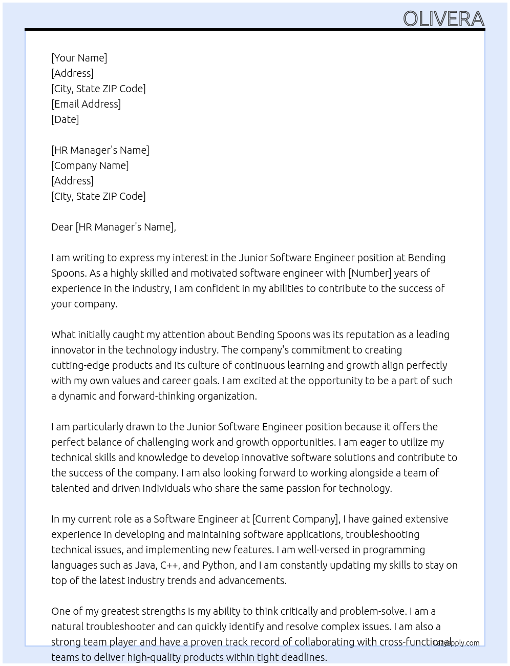 junior software engineer At bending spoons Cover Letter