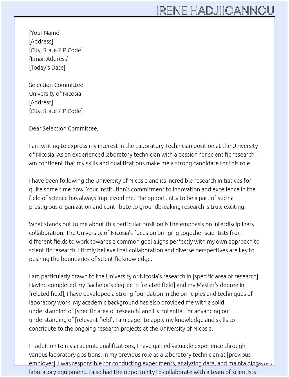 Laboratory Technician At University of Nicosia Cover Letter