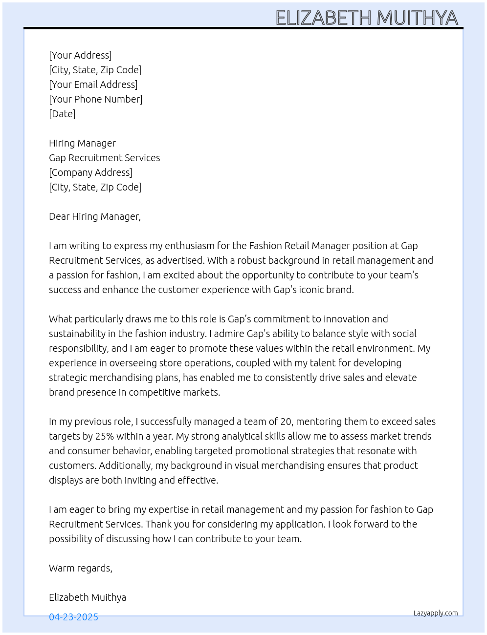 Fashion Retail manager At Gap recruitment services Cover Letter