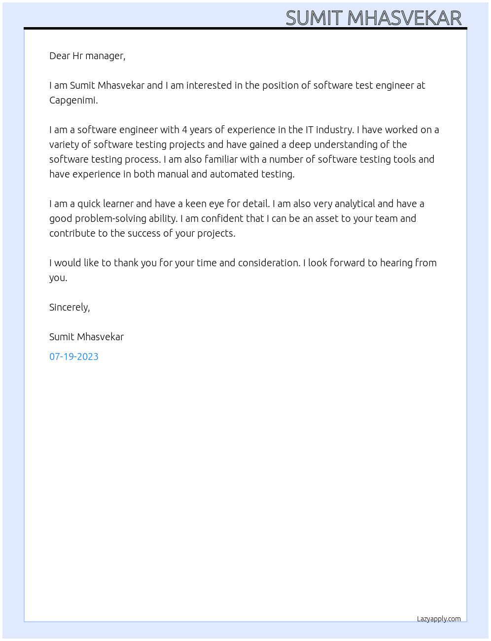 Software test engineer At Capgenimi Cover Letter