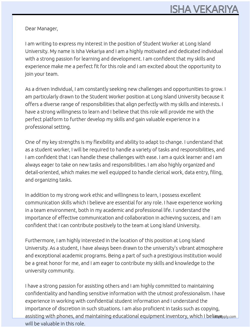 Cover letter for student worker - LazyApply