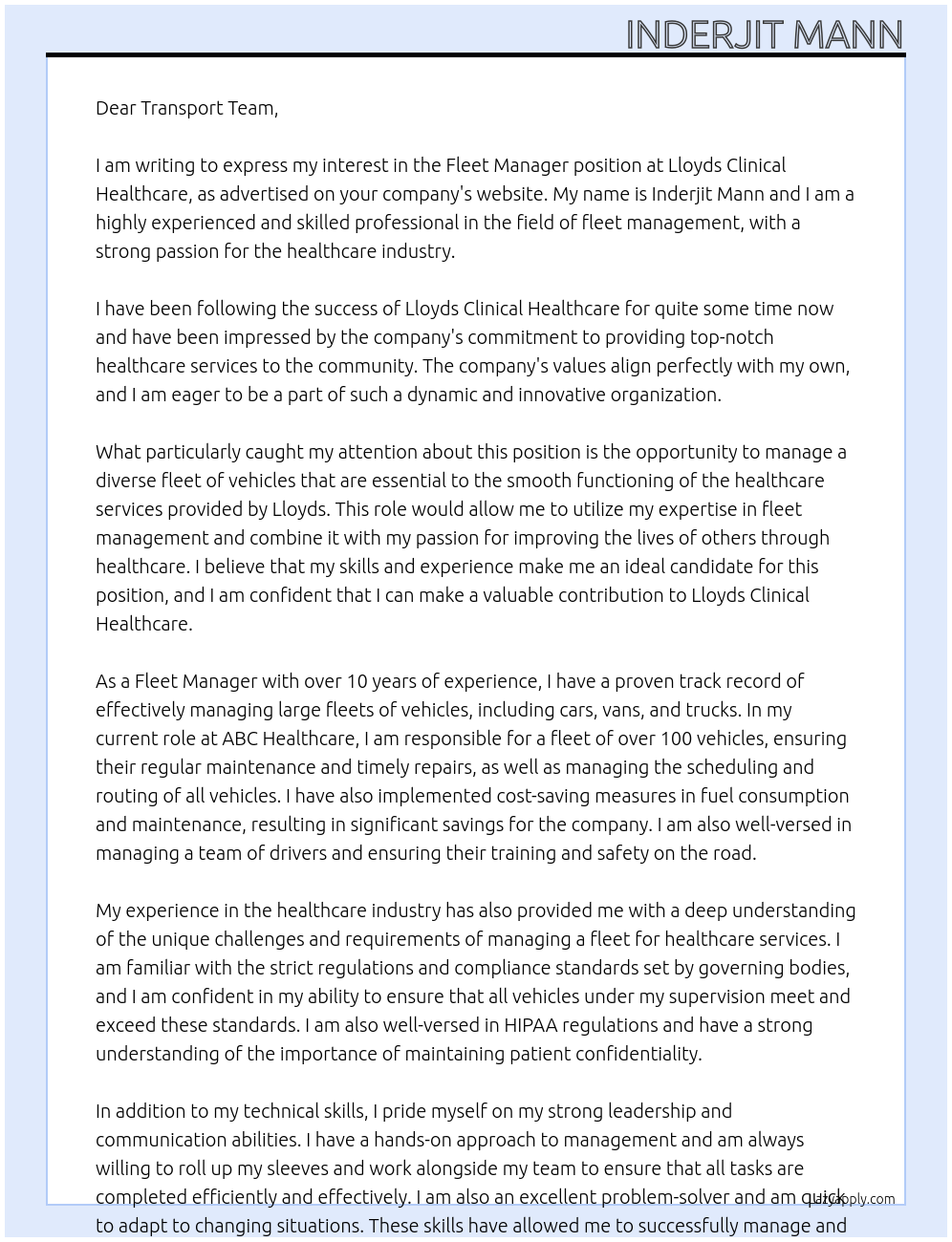 Fleet Manager At Lloyds Clinical Healthcare  Cover Letter