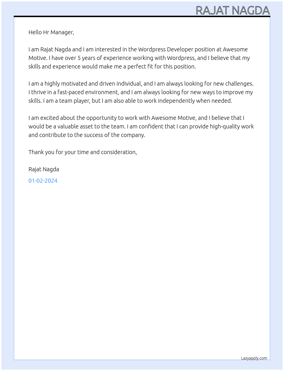 Wordpress Developer At Awesome Motive Cover Letter