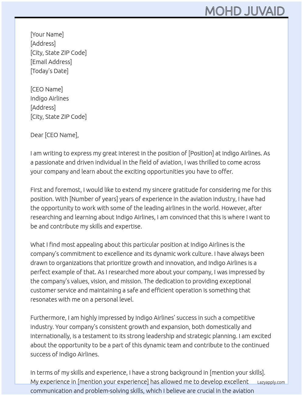 Indigo airlines At Indigo airlines Cover Letter