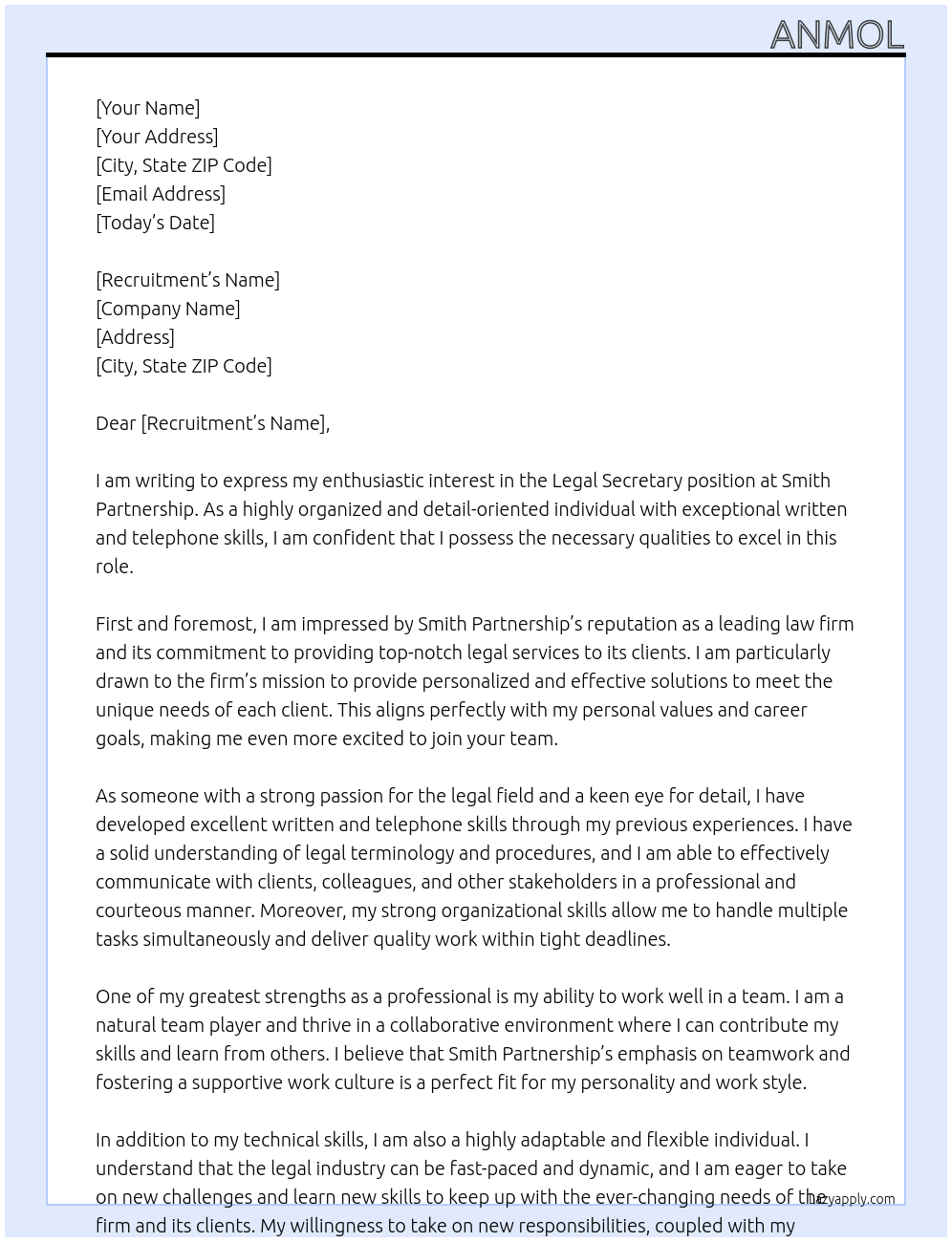 Legal secretary At Smith Partnership Cover Letter