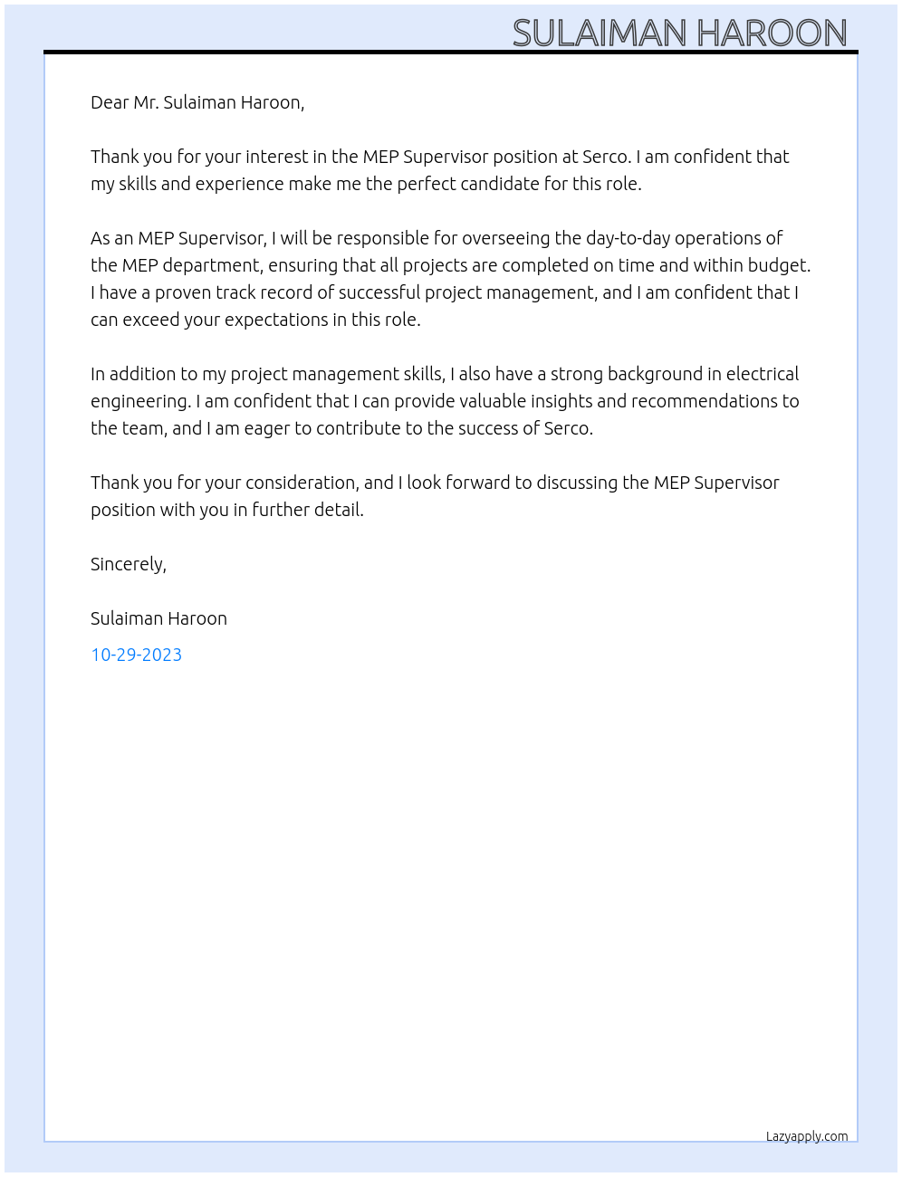 MEP Supervisor At Serco Cover Letter