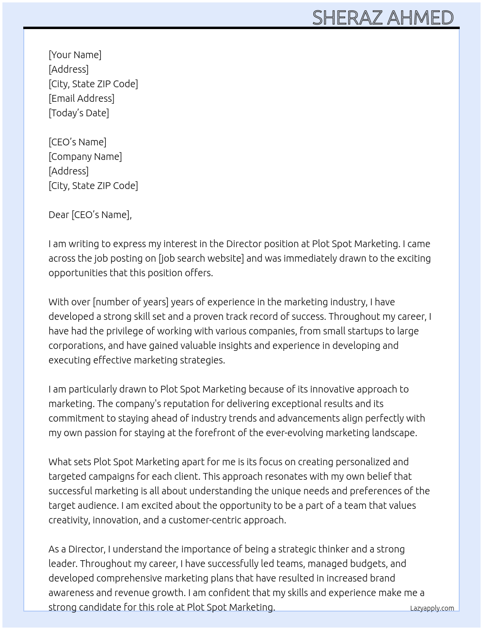 Director At Plot spot marketing Cover Letter