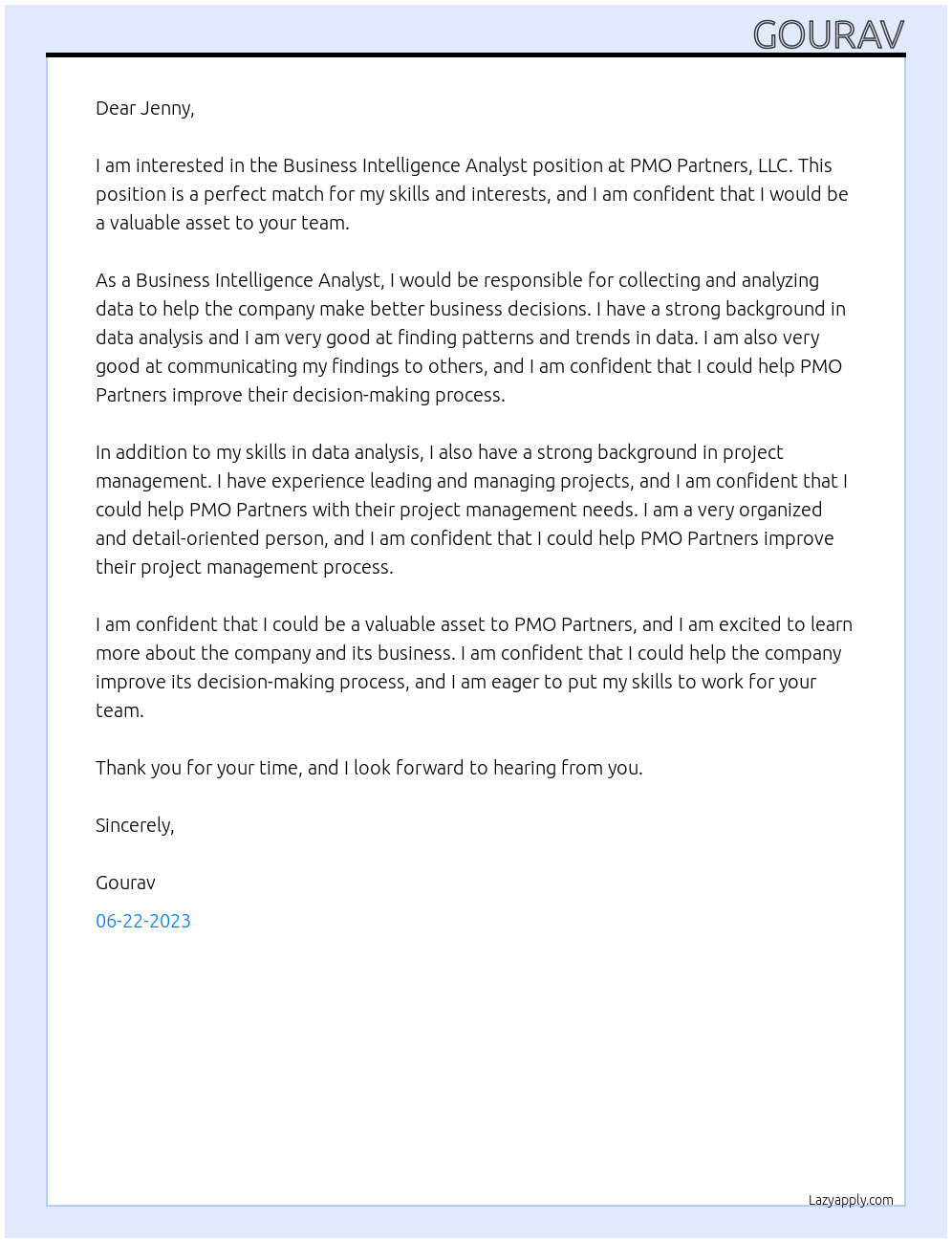 Business Intelligence Analyst At PMO Partners, LLC Cover Letter