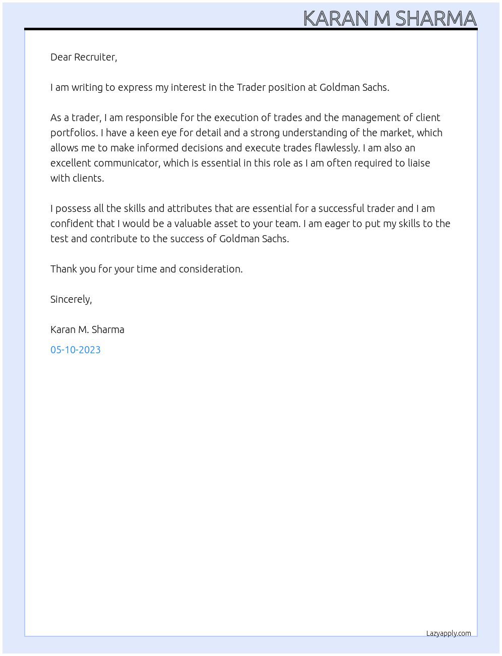 Trader At Goldman Sachs Cover Letter