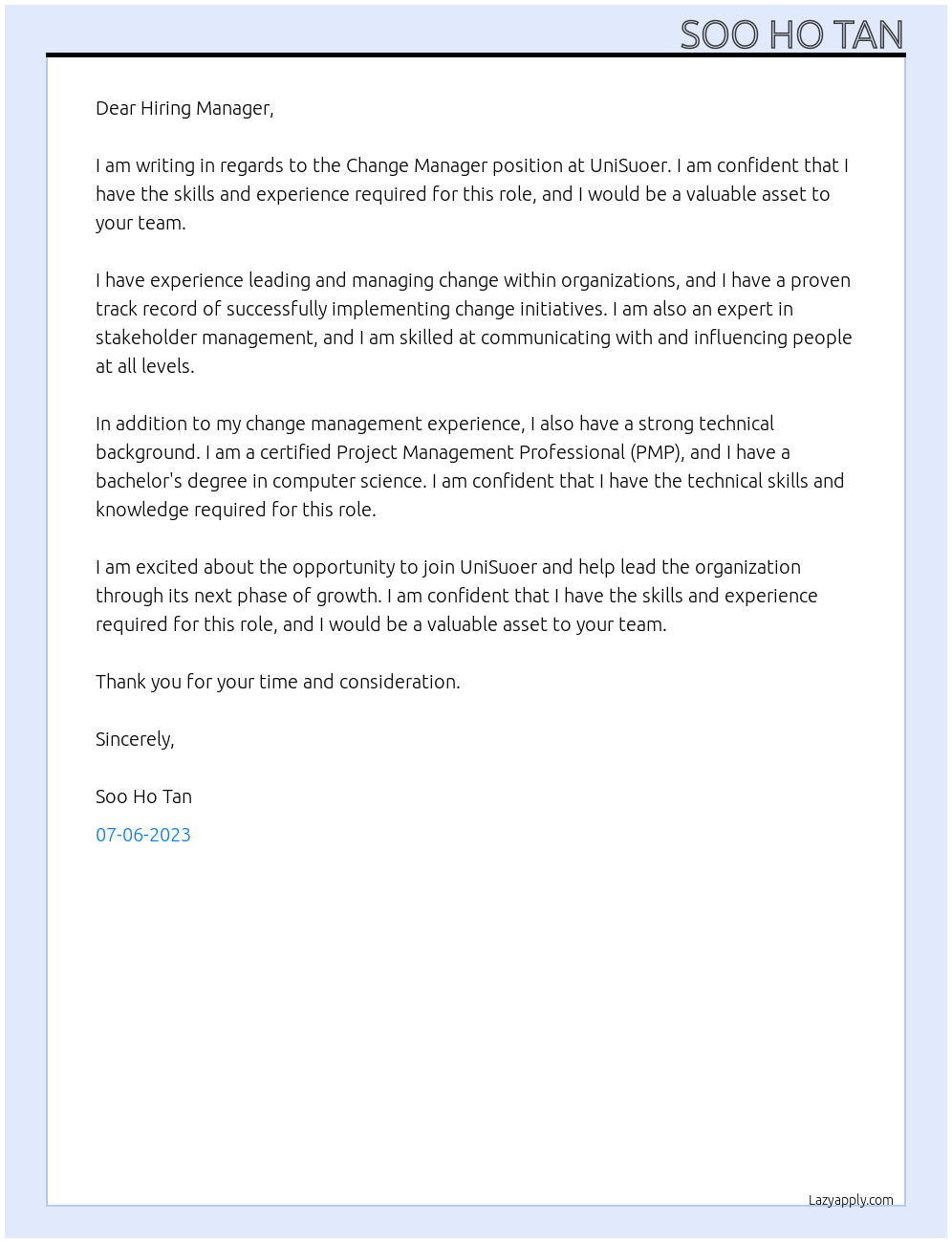 Change Manager At UniSuoer Cover Letter