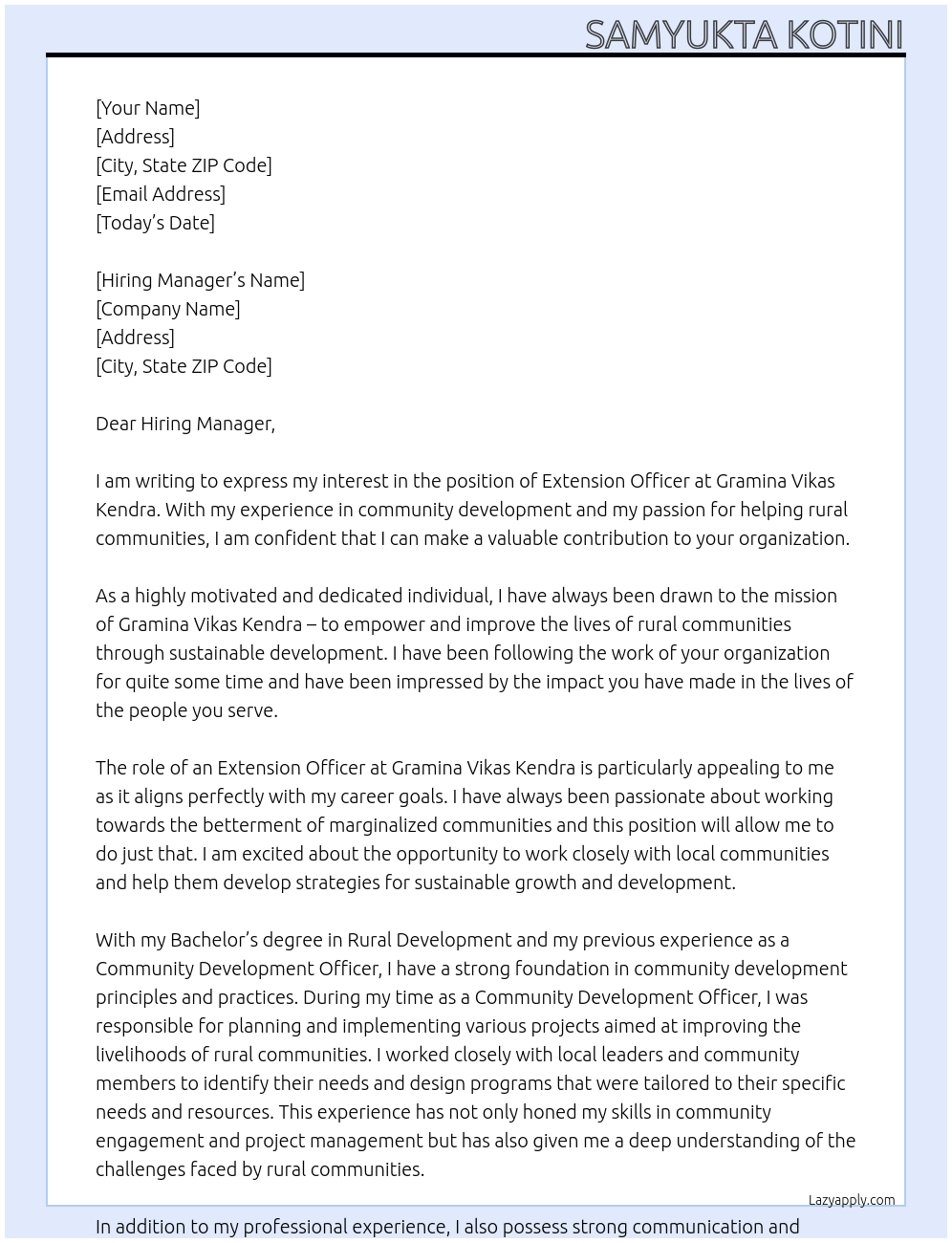 Extension officer At Gramina Vikas Kendra Cover Letter